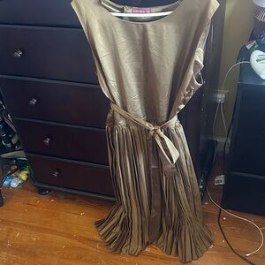 Olive Midi Pleated Dress with Self-Tie Waist